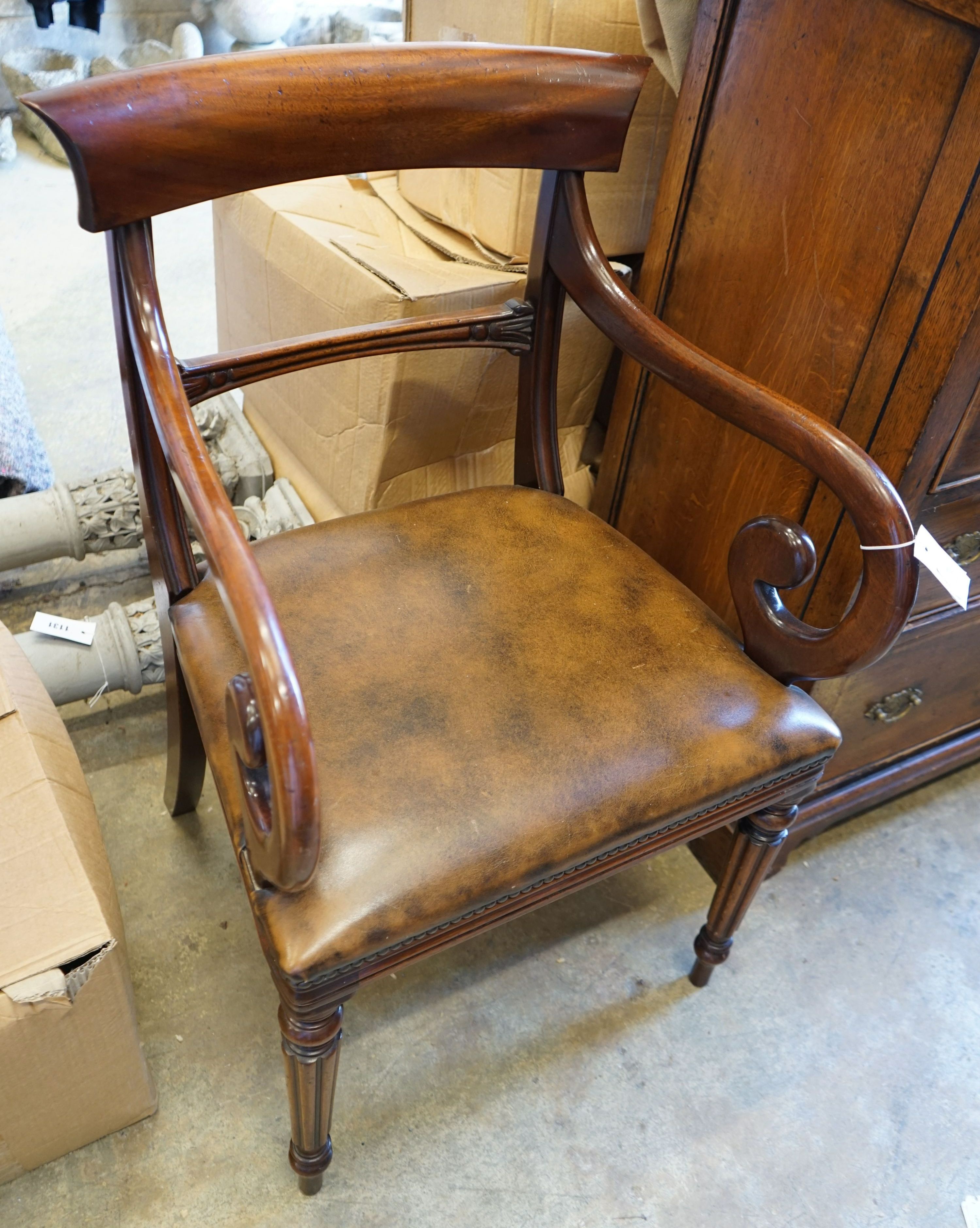 A Regency design mahogany elbow chair, width 54cm, depth 46cm, height 89cm